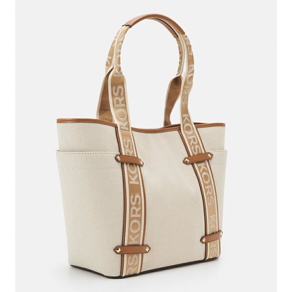 RARE NWT Michael Kors Maeve Large Open Tote Canvas Double Handles Handbag Cream - Picture 3 of 10